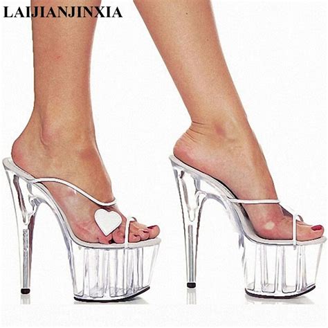 Laijianjinxia New Stylish 15cm High Heel Platforms Slippers Women Sexy Crystal Sandals 6 Inch