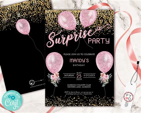 surprise party birthday pink gold glitter balloons invitation printable template editable