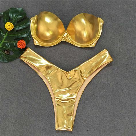 gold metallic bikini women sexy off shoulder swimwear padded bra swimsuit beach bathing suit