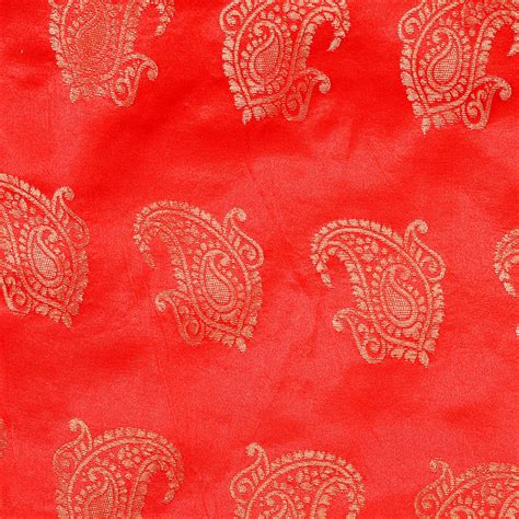 Buy Red And Golden Paisley Design Two Tone Pure Banarasi Silk Fabric 8436