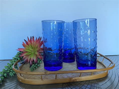 Vintage Libbey Cobalt Blue Hobnail Tumblers Glasses Set Of 3 Etsy