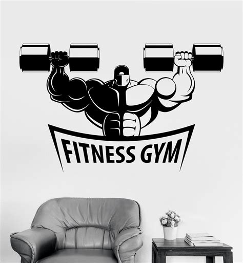 Vinyl Wall Decal Fitness Gym Muscled Bodybuilding Dumbbells Sports Sti