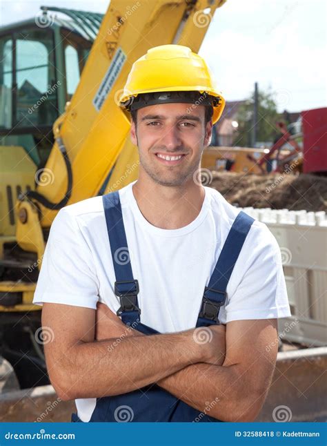 Laughing Worker Loves Working On Construction Site Stock Photo Image