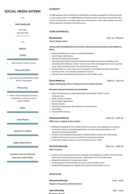 Since we are talking about social media marketing resume in this article, we will limit our discussion to for example, you can always highlight specific skills and keywords in your resume which are of interest. Social Media Intern - Resume Samples and Templates | VisualCV