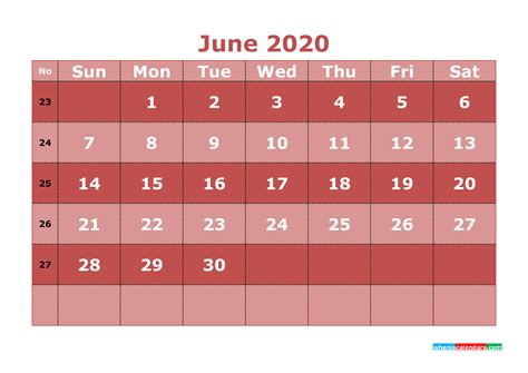 Free Printable June 2020 Calendar With Week Numbers