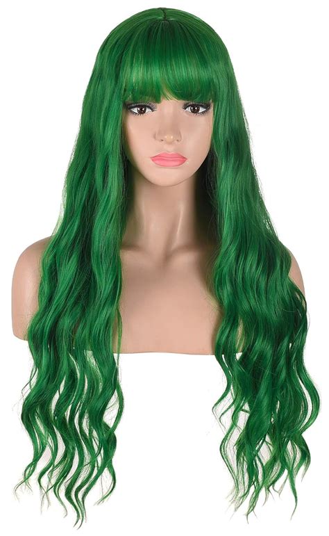 Amzcos Long Wavy Green Wig With Bangs Heat Resistant