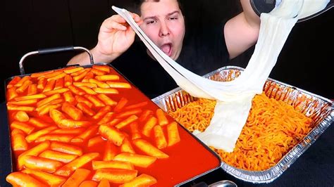 Giant Spicy Rice Cakes With Cheesy Volcano Fire Noodles Mukbang Youtube
