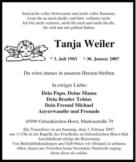 Traueranzeigen Von Tanja Weiler Trauer In Nrwde