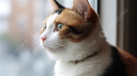 Calico Cat Is Staring Out A Window Background Calico Cat Standing By