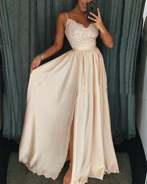 Beige Long Slit Girls Prom Dresses With Lace Appliques With Straps Pl1