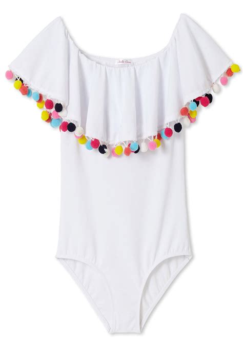 white bathing costume with pom poms for girls stella cove