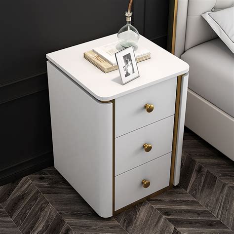 Modern White Nightstand 3 Drawer Lacquered Bedside Table Gold Base