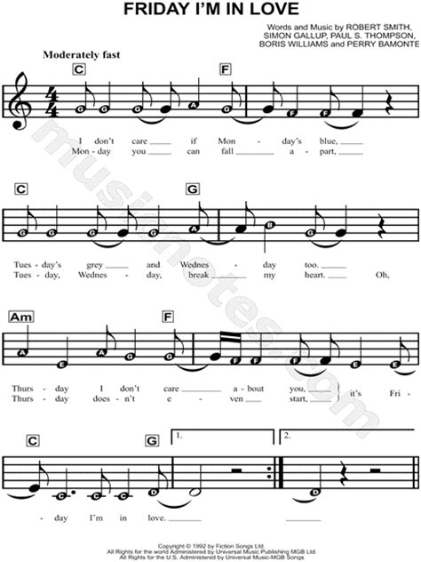 The Cure Friday Im In Love Sheet Music For Beginners In C Major