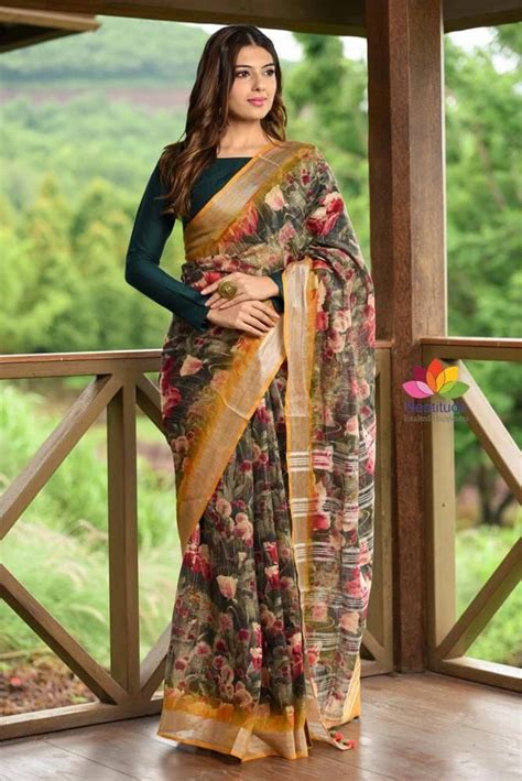 Buy Digital Printed Linen Sarees With Blouse To Order Whatsapp