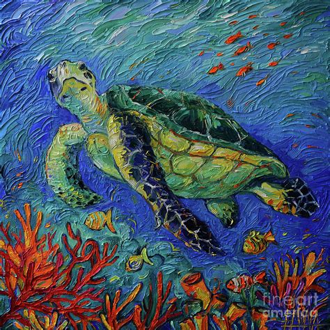 Sea Turtle Underwater I Commissioned Palette Knife Oil Painting Mona
