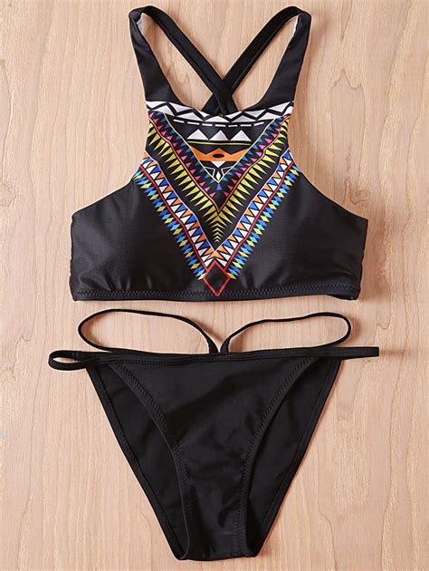 Fashionable Halter Printed Bikini Set Black Bikinis Zaful