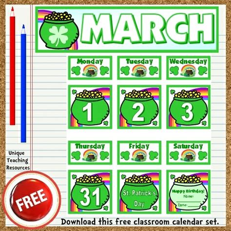 Free Printable March Classroom Calendar For School Teachers
