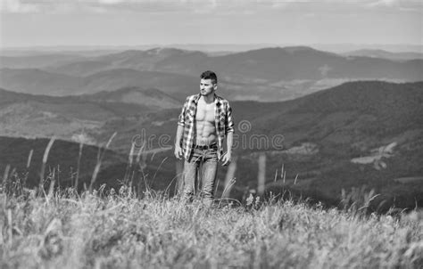 Hiking Concept Man Unbuttoned Shirt Stand Top Mountain Landscape