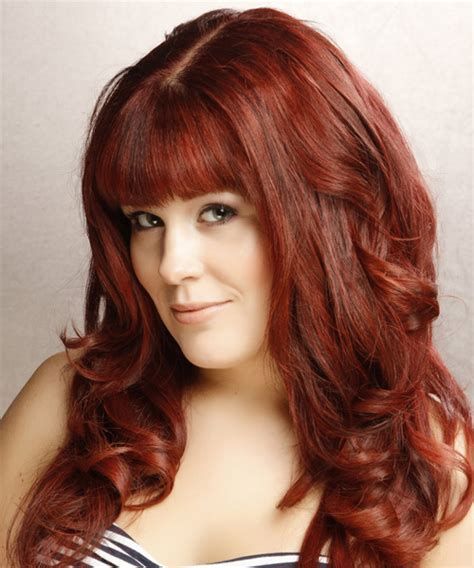 Long Wavy Dark Bright Red Hairstyle With Blunt Cut Bangs