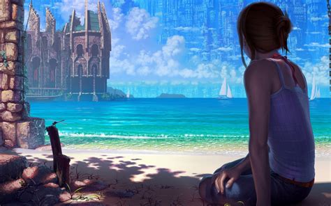 Wallpaper Fantasy Art Sea Sitting Fantasy City Cgi Dress Blue Vacation Beauty