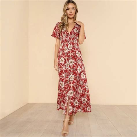 2019 Women Summer Print Bohemian Beach Dresses Sexy And Club Party Night Elegant Fashion Maxi Red
