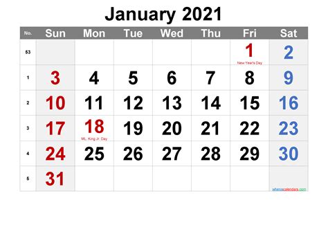 Printable January 2021 Calendar Word Template Noar21m13