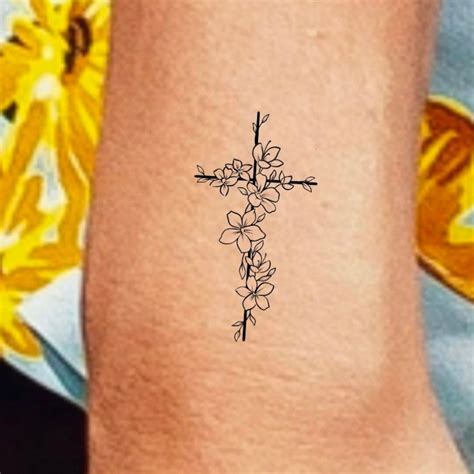 Floral Cross Temporary Tattoo Small Cross Tattoo Religious Etsy