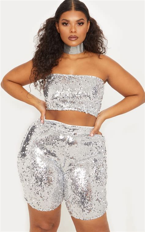 Silver Sequin Cycle Shorts Plus Size Prettylittlething Ie