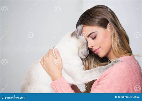 Gorgeous Brunette With Her Cat Stock Photo Image Of Attachment
