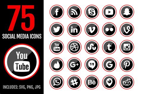 75 Red Social Media Icons Outline Icons Creative Market