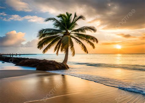 Beautiful Ocean Beach Sunset Palm Tree Nature Background Wallpaper