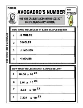 Avogadro S Number And The Mole Worksheet Remote Learning Tpt