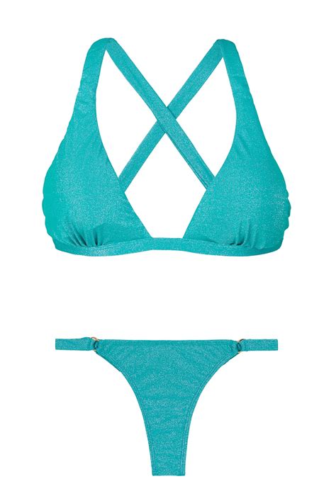 Blue Lurex Thong Bikini Bottom And Triangle Halterneck Top Radiante