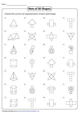 Some of the worksheets displayed are 10 more nets of solids, solids nets and cross sections, work 6 gener, lesson nets and solids, nets for making solids i2, nets of 3d shapes, score, name score. Nets of 3D Shapes Worksheets