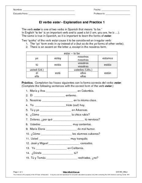 El Verbo Ser Worksheets Answers