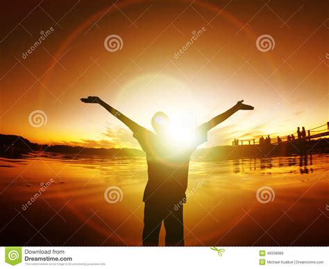 Man With Arms Outstretched Silhouette Freedom Sunset Energy Life Stock