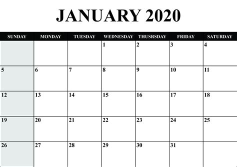 Blank Calendar January 2020 Printable Fillable Template Notes - Blank