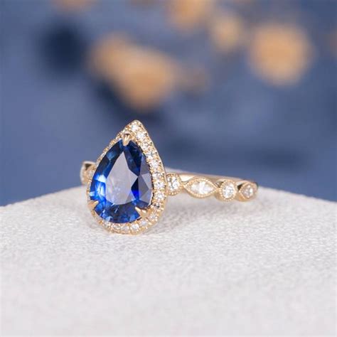 79mm Pear Shaped Lab Sapphire Ring Antique Engagement Ring