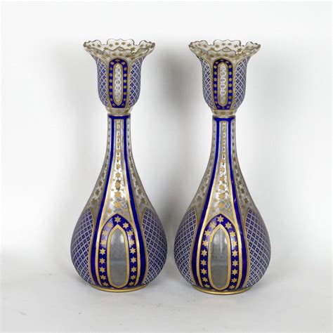 Bohemian Flashed Glass Vases With Gilt Embellishments European Glass