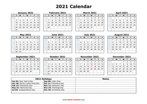2021 Holiday Calendar Template Business Format