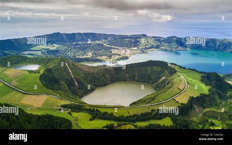 Aerial View Of Boca Do Inferno Lakes In Sete Cidades Volcanic Craters