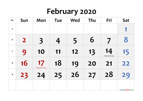 Free Printable February 2020 Calendar With Holidays 6 Templates