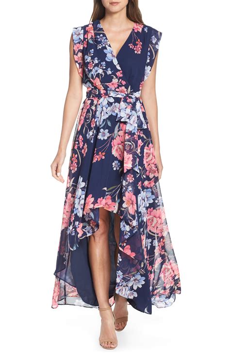 buy eliza j floral ruched chiffon faux wrap dress cheap online