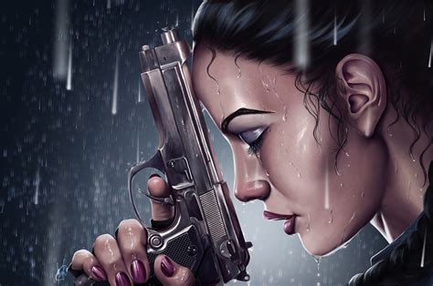 Black Haired Woman With Silver Semi Automatic Pistol On Rain Animation