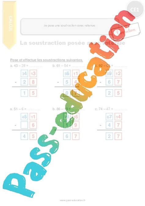 Voir / évaluation de cm1. Je pose une soustraction avec retenue - CE1 - Exercices avec correction - Pass Education