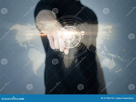 Man Pointing His Finger At World Map Stock Photo Image Of Data