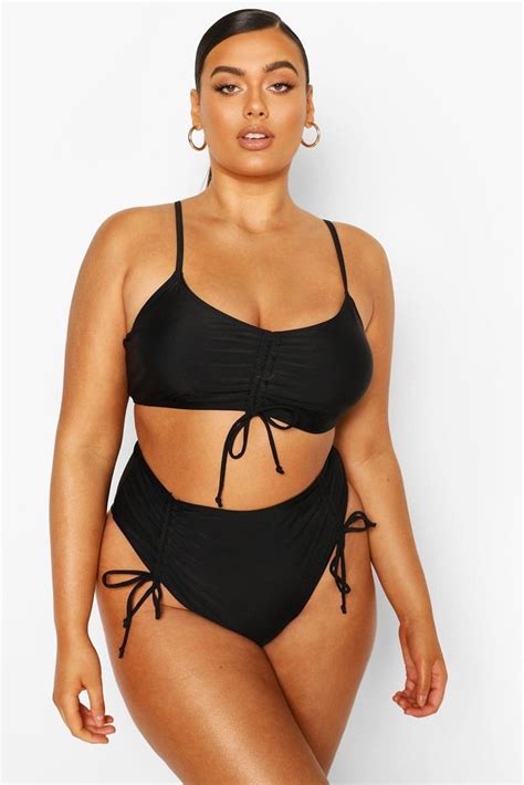 Boohoo Ruched Detail High Waist Bikini Kim Kardashian S Black String Bikini And Choker