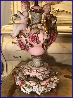Rare Antique CAPODIMONTE ITALIAN Porcelain Table Lamp Angels Cherubs Vintage Table Lamp