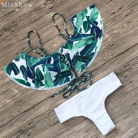 Misshow Ruffles Leaf Bandage Bikini Set Printed Women Swimwear Sexy