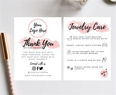 Editable Jewelry Care Card Guide And Thank You Card Etsy